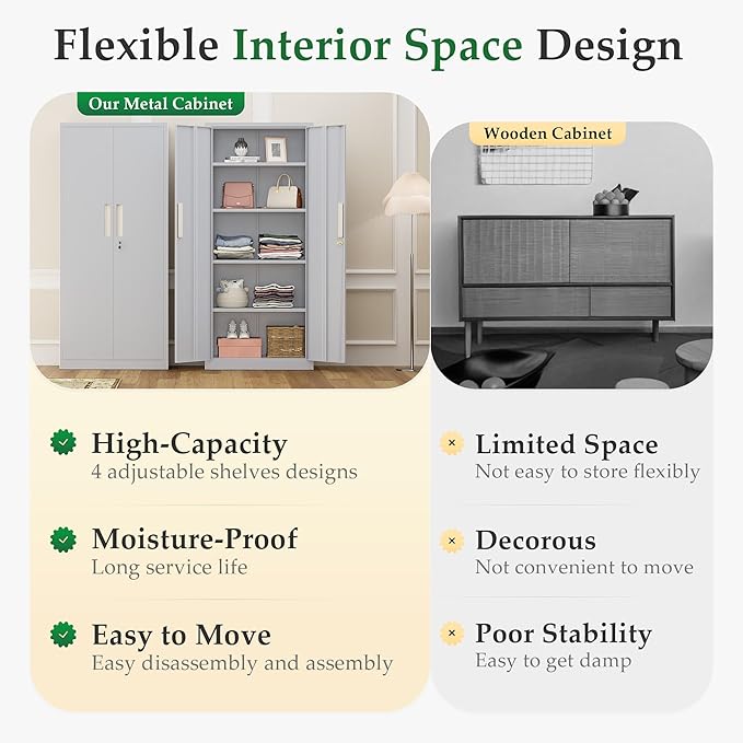 Crownland 63" Metal Storage Cabinet, Lockable Garage Storage Cabinets, High Office Cabinet with Adjustable Shelves for Garage, Home Office, Pantry, File(Cement Grey)