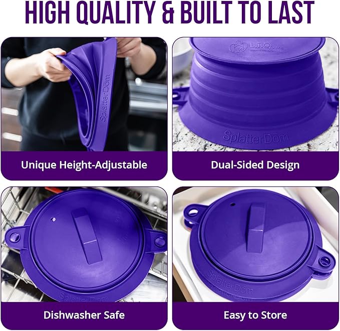 L.I.Q Silicone Splatter Guard – Fits 10 and 12 Inch Pots (25 and 30 Centimeters) – Microwave Safe and Durable SplatterDom - Includes 10” Lid - Food and Oil Splash Guard (Violet, Large)