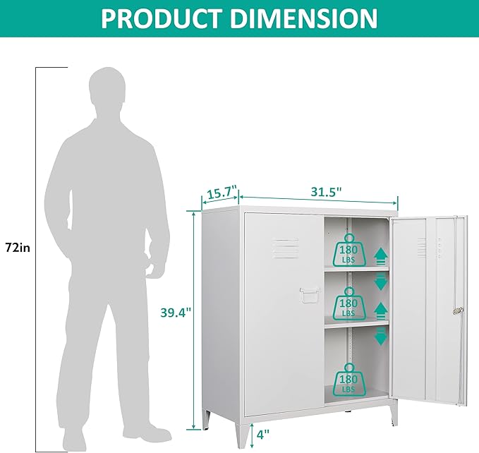 SISESOL White Metal Cabinet with Doors and Shelves,40" Metal Storage Cabinet with Lock Door Adjustable Shelf,File Cabinets for Home Office,School,Kitchen,Garage Storage Tool Cabinets
