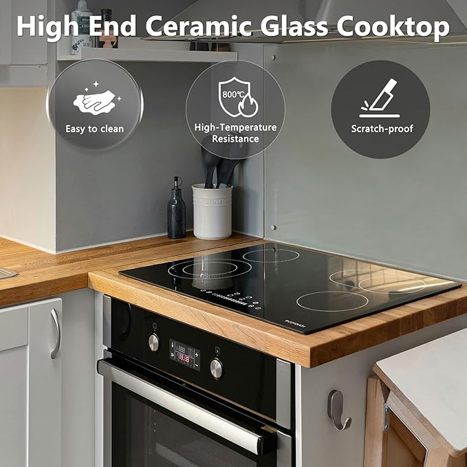 Electric Cooktop 30 inch, ECOTOUCH Built-in Electric Cooktop 4 Burner Stove Top, Radiant Cooktops Stovetop with Kid Safety Lock, Timer, 9 Heating Level, 6800W, 220-240V for Hard Wire(No Plug)