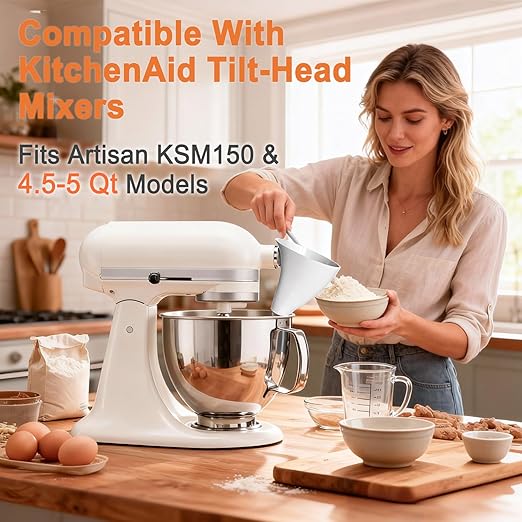 2Pcs White Flour Funnel for Kitchen Aid Mixer, Flour Funnel Accessories for Kitchen Aid Artisan KSM150 5-Quart Tilt-Head Stand Mixer,Plastic Powder Funnels with Easy-Pour, Prevents Spills and Messes