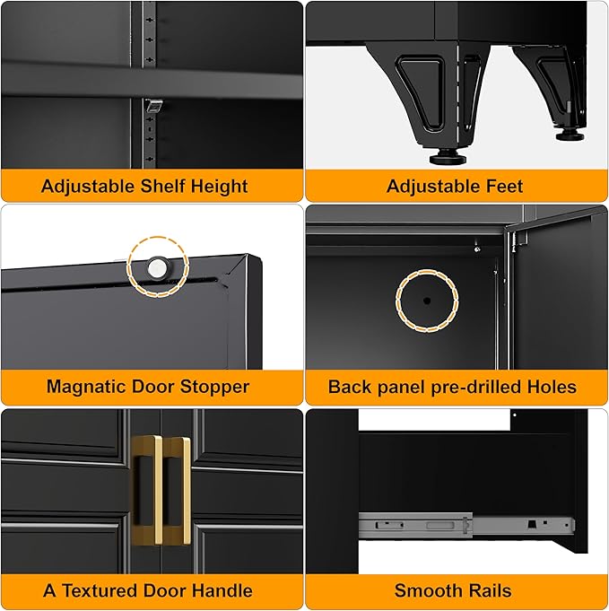 75" Tall Metal Storage Cabinet, Kitchen Pantry Storage Cabinets with Doors and 3 Shelves, Black Pantry Cabinet with Drawer, Utility Kitchen Cupboard, Large Steel Cabinets for Dining Room