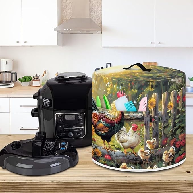 Small Appliance Covers for 6 Quart Air Fryer & Pressure Cooker Air Fryer Cover Dust Cover, Easy to Clean Kitchen Appliance Accessories with Pockets, Rooster Flower