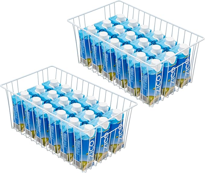Upright Freezer Organizer Bins， Freezer Baskets for 16, 17, 21 cu.ft Standup Freezer, Wire Storage Baskets with Built-in Handles, 4Pcs , White