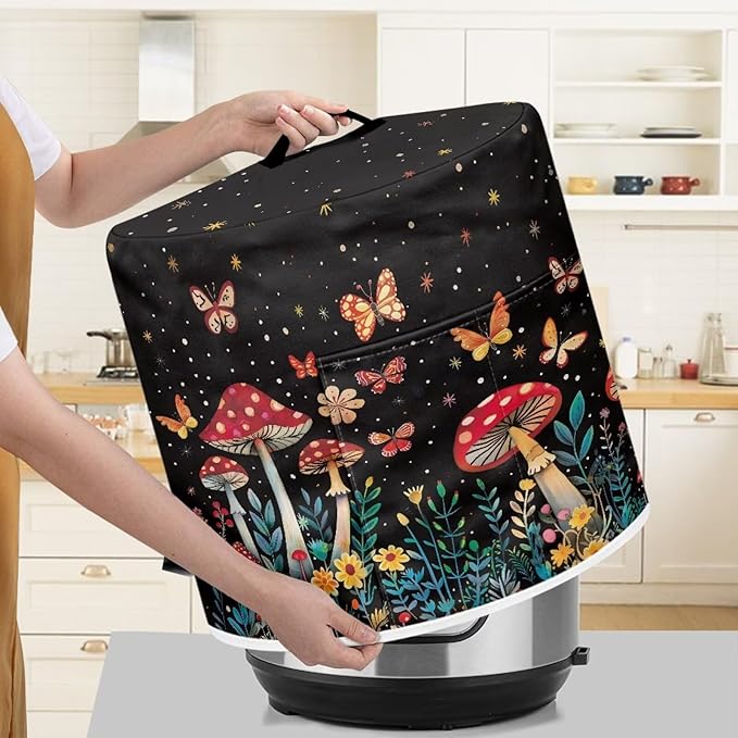 Small Appliance Covers for Air Fryer & Pressure Cooker, Appliance Dust Covers with Pockets Fits Pressure Cooker (3 Quart) and Extra Accessories - Butterfly Mushroom