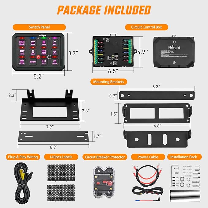 Nilight 12 Gang Switch Panel Circuit Control Relay System APP RGB Backlight Fuse Wiring Harness Toggle Momentary Strobe Flash Modes Automatic Dimmable 12V 24V for Car Truck Camper SUV