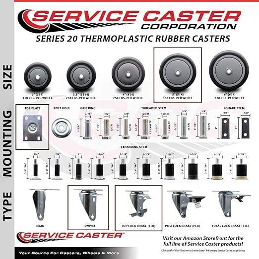 Service Caster Brand Replacement Caster for Uline Caster H-5538SWB - Swivel Top Plate Caster with 5 Inch Thermoplastic Rubber Wheel and Top Lock Brake - Fits Carts, Dollies and Poly Box Trucks H-4287