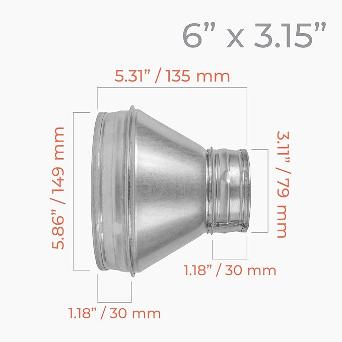 6" to 3.15" Inch Round Duct Reducer - Male Fit Galvanized Steel Pipe Increaser - Coupling for Round Duct Ventilation Systems - Heating & Cooling, HVAC