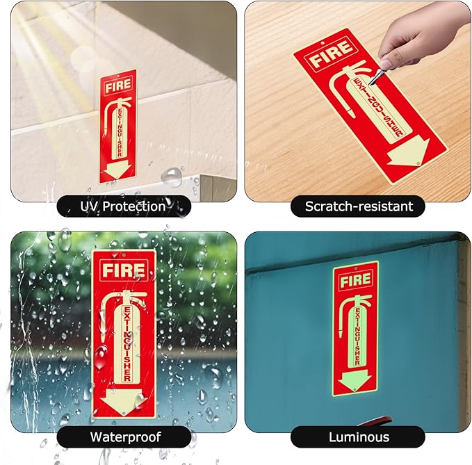 3 Pack Fire Extinguisher Signs 10 × 4 Inches Glow in the Dark Aluminum Sign Waterproof UV Protected Fade Resistance Signage for Home Office Business