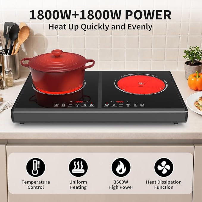 VBGK Electric Cooktop, 110V 3600w Stove top, 20 inch Countertop with 9 Power Levels, LED touch control Overheat Protection, Child Safety Lock & Timer, touch control 2 burer Electric cooktop