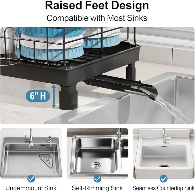 GSlife Expandable Dish Drying Rack for Kitchen Counter - Compact Rust-Resistant Dish Racks with and Cup Holder for Small Apartment, 12.2" W x 12"-19.5" L, Black