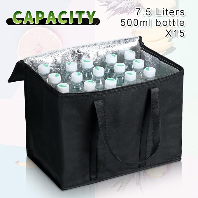Kenning 15 Pcs Large Insulated Reusable Grocery Bags with Sturdy Zipper and Handles Foldable Washable Cooler Totes Heavy Duty Hot or Cold Food Delivery Bag for Food Transport Travel Lunch (Black)