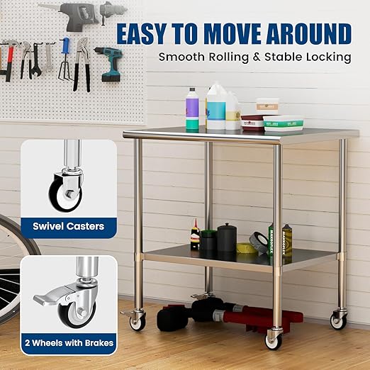 Stainless Steel Work Table with Wheels, 30x36 Inch NSF Kitchen Prep Table with Adjustable Undershelf for Commercial Restaurant, Garage, Outdoor BBQ