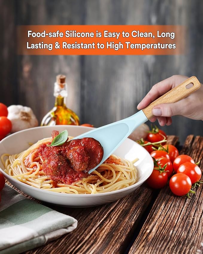 Cooking Spoon for Nonstick Cookwares, Great for Cooking and Serving Sturdy BPA-Free Matte Silicone, Wood Handle Spoon for Mixing, Scoop, and Scrape (BLUE, 11.4 inch)