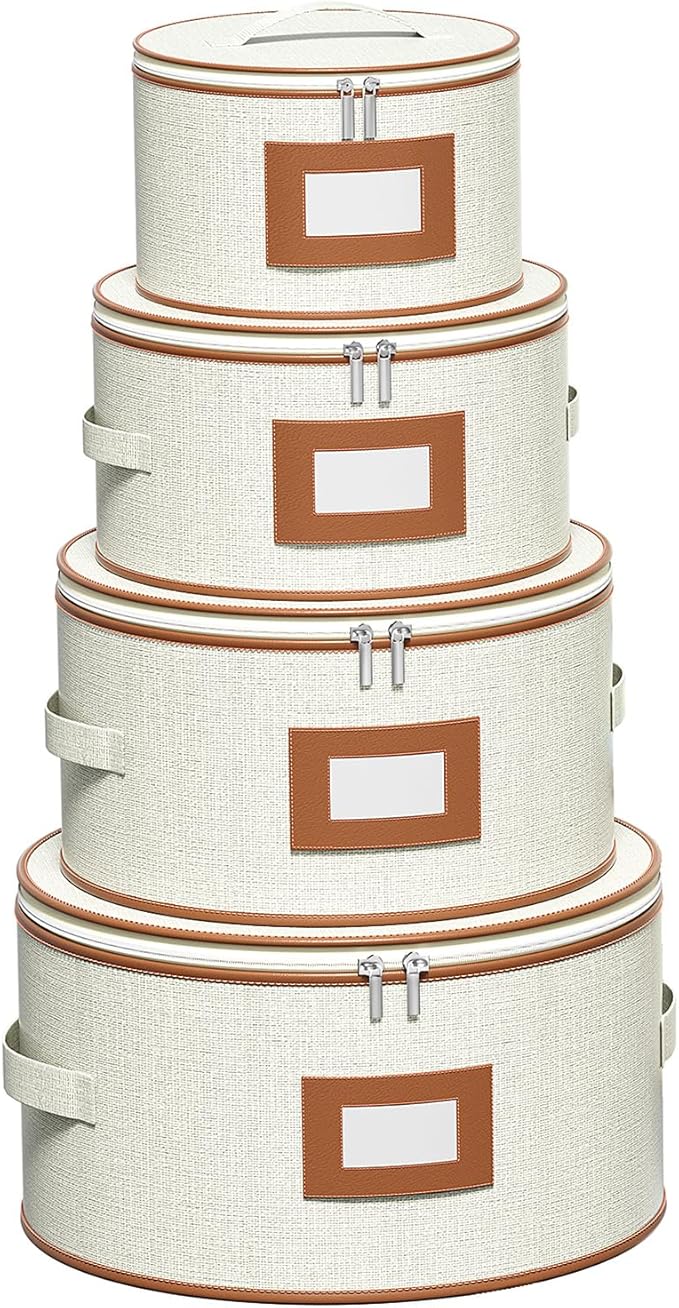 Aokeyee 4-Piece Plate Storage Box, Hard Shell Storage Containers with 48 Soft Dividers for Saucer, Dessert, Salad & Dinner Plates, Sturdy Quilted Stackable Dish Organizer for Moving & Protection,Ivory
