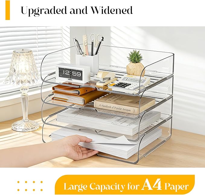 HIYOHIYO 4 Tier Clear A4 Paper Organizer, Acrylic Desktop Organizer for A4 File, Stackable Papers Tray for Office, Large Capacity Desk Letter Holder, Stackable Paper Storage Rack, Horizontal Style