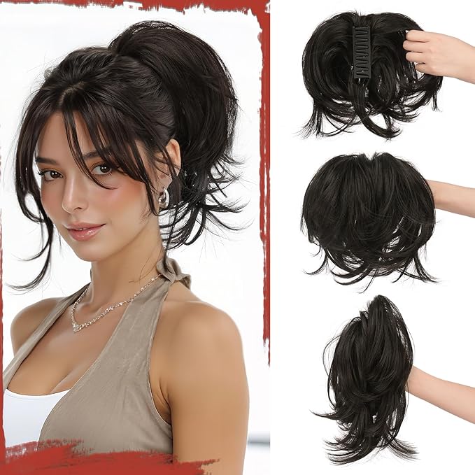 SOFEIYAN Claw Clip Short Ponytail Extension DIY Bendable Wires Hair Bun Fluffy Fake Hair Piece Straight Synthetic Hair Ponytail Extensions for Wonen - Black Brown