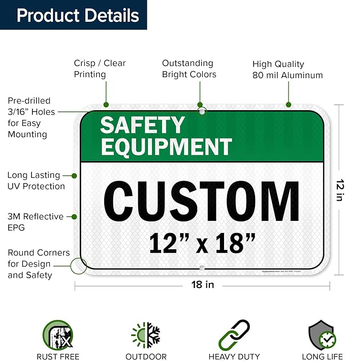 Custom Safety Equipment Sign, Ansi Sign, Osha Compliant, 12x18 Inches, 3M EGP Reflective, Rust Free .063 Aluminum, Fade Resistant, Made in USA by My Sign Center