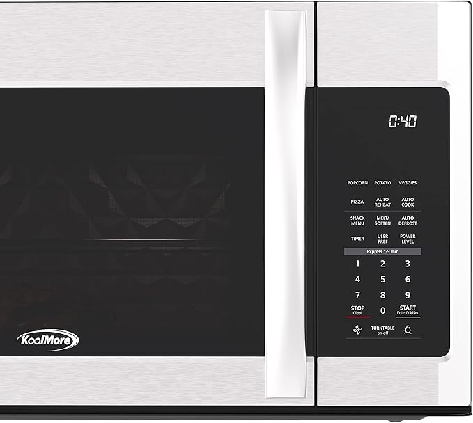 KoolMore 1.9 Cu. Ft. Over the Range Microwave Oven with Oven Lamp and 300CFM Recirculation Vent Hood Function, Auto Cook Menus, Reheat Function, 11 Power Levels, Timer, and Weight Defrost (KM-MOT-2SS)