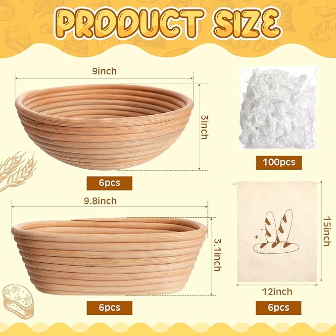 19 Pcs Banneton Bread Proofing Basket Set 12 Pcs 9 Inch Bread Proofing Basket Bowls with Liner 6 Loaf Bags and 1 Pack Disposable Fresh-keeping Bags Baking Supplies for Home Sourdough Fermentation