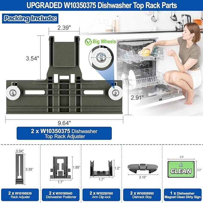 Upgraded W10350375 Dishwasher Top Rack Adjuster parts For Whirlpool WDT730PAHZ0 WDT750SAHZ0 Upper Rack Parts,WDTA50SAHZ0 WDT970SAHZ0 Dishwasher Top Rack Parts W10712395,For Kenmore Dishwasher Parts