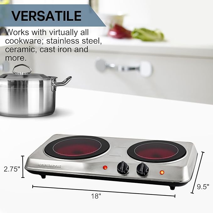 OVENTE Countertop Infrared Double Burner, 1700W Electric Hot Plate and Portable Stove with 7.75" and 6.75" Ceramic Glass Cooktop, 5 Level Temperature Setting and Easy to Clean Base, Silver BGI102S