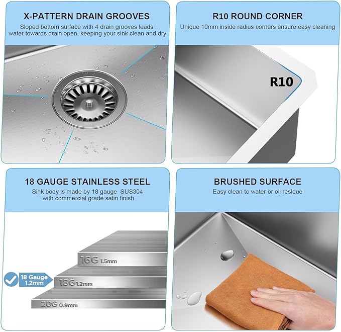 28-Inch Drop in Kitchen Sink Handmade Undermount 16 Gauge 304 Stainless Steel Single Bowl Kitchen Workstation Sink in 10-inch-Depth 28"x19"x10"