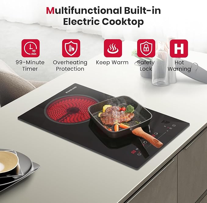 GASLAND 12 Inch Electric Cooktop 2 Burner ETL Certified, 3000W Built-in Electric Radiant Glass Stove Top with 16 Power Levels, 240V Ceramic Hob, Keep Warm, Slide Touch Control & Timer