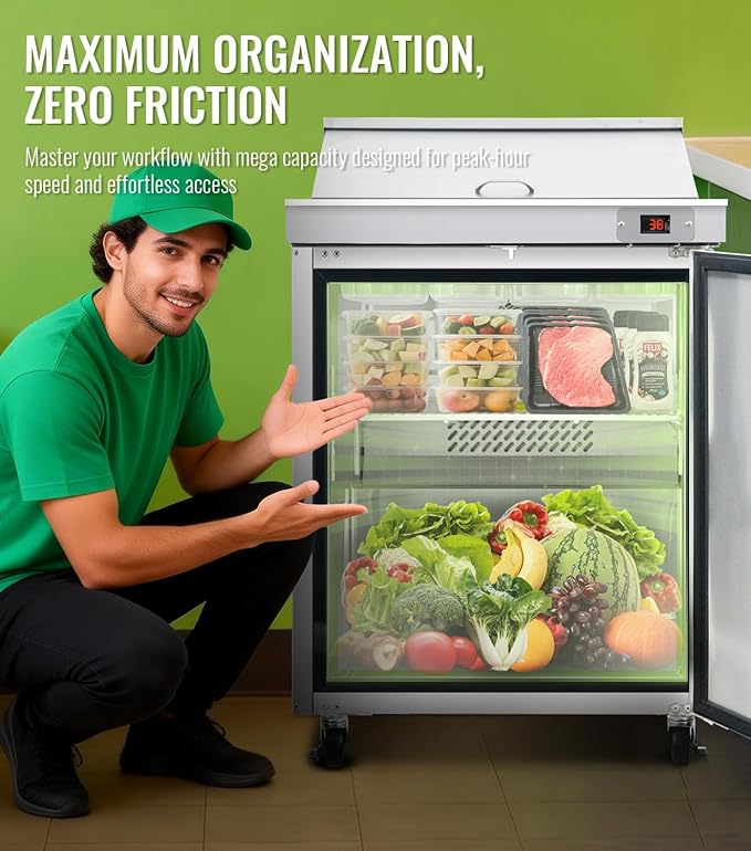29" W Commercial Refrigerators Sandwich Salad Prep Table, 8.6 Cu.Ft Stainless Steel Food Prep Fridge with 8 Pans, Adjustable Shelves, Auto Defrost, Good Choice for Poke Bowl Shops, Delis, Food Truck
