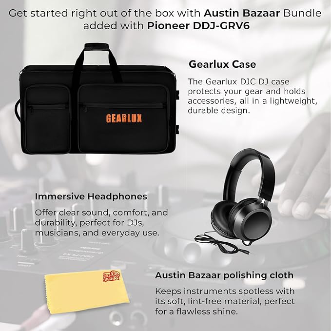 AlphaTheta DDJ-GRV6 4-Channel Performance DJ Controller Bundle with Case, Headphones, and Austin Bazaar Polishing Cloth