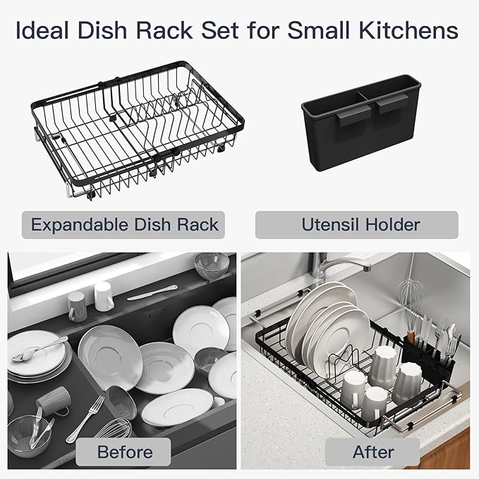 Small Expandable Over The Sink Dish Drainer Drying Rack In Stainless Steel Metal For Kitchen, Counter Space Saving Compact Above Plate Dryer Strainer, Adjustable Hanging Inside Sink Wire Drain Holder