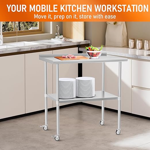 Stainless Steel Prep Table 30" X 36" with Adjustable Undershelf, Backsplash and Wheels, Commercial Metal Workstations for Kitchen, Garage, Outdoor BBQ