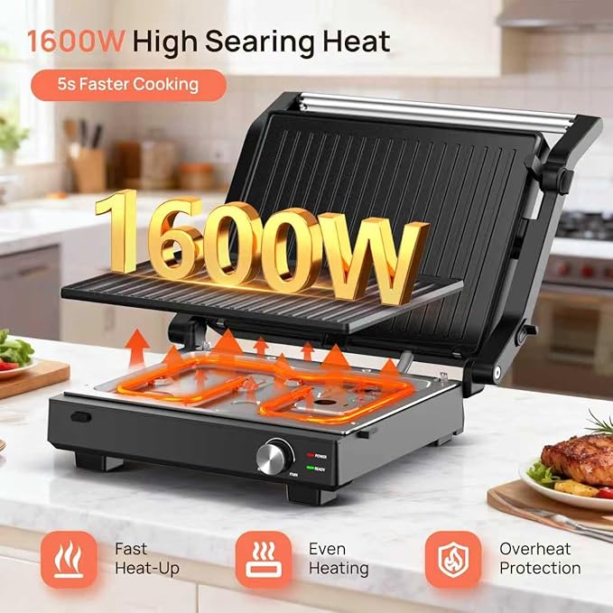 Electric Indoor Grill, 14'' Panini Press Grill, 1600W Electric Grill for Steak, Burger, Sandwich, 450℉ Dual Cooking Plates, 180° Flat Griddle, Removable Non-stick Grill & Drip Tray, Dishwasher Safe