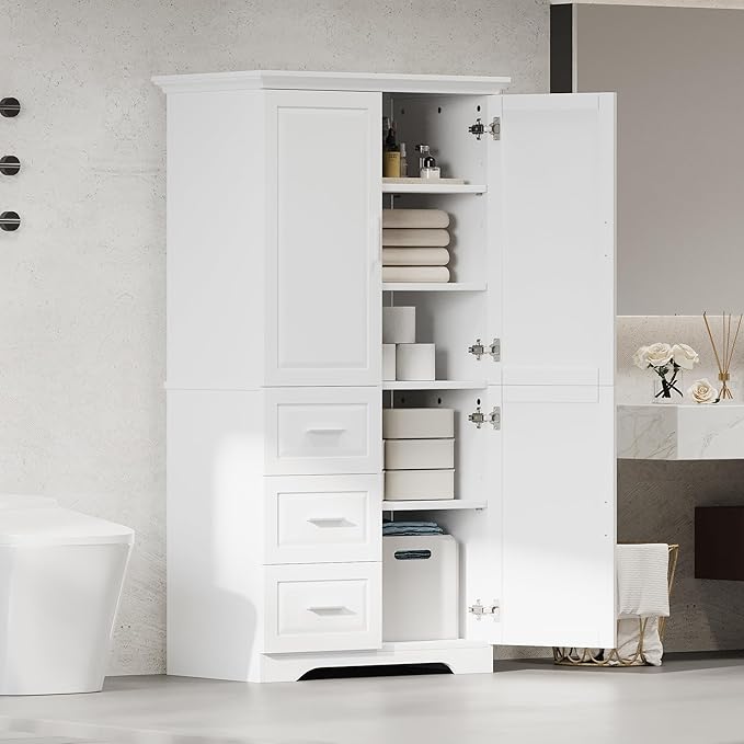Storage Cabinet with Three Drawers and Doors, Wide Pantry Cupboard for Kitchen, Living Room and Bathroom, Adjustable Shelf, White