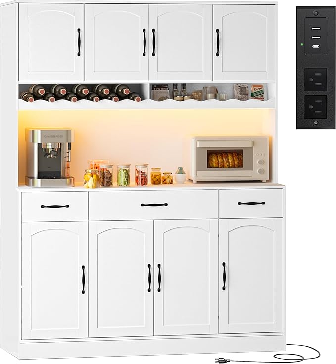 72" Tall Kitchen Pantry Cabinet with Charging Station 55" Wide Kitchen Hutch Cabinet with LED Light and Countertop Large Kitchen Pantry Storage Cabinet With Adjustable Shelves and Wine Rack