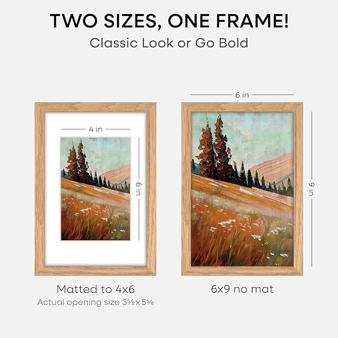 Homeforia 6x9 Picture Frame Natural Wood, High End Oak 6x9 Light Wooden Frames with Mat 4x6 for Photo, 6 x 9 Frame Matted to 4 x 6 Print, 9x6 Wall or Tabletop Frame, Tempered Glass, Wall Kit, Set of 2