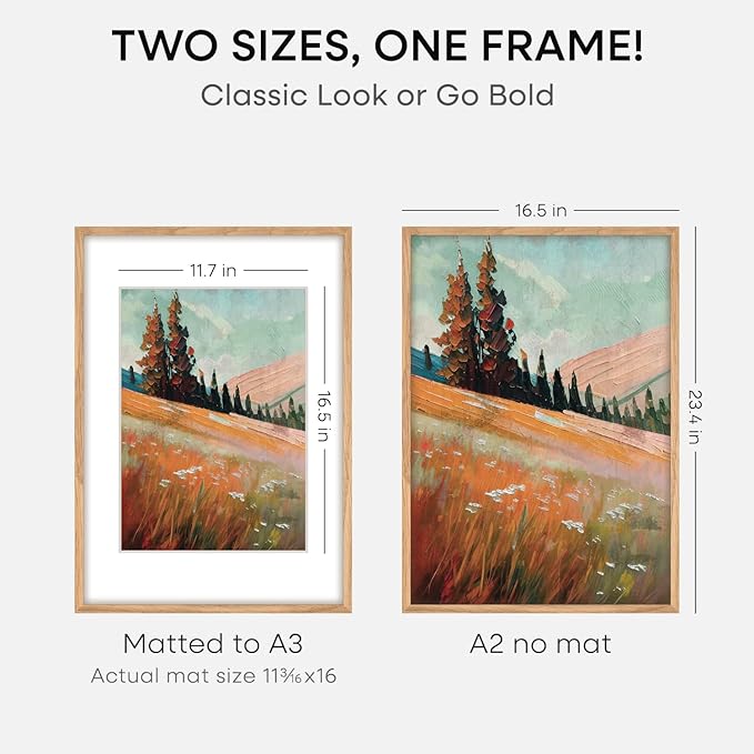 Homeforia A2 Picture Frame Natural Wood, High End Oak 16.5 x 23.4 Wooden Poster Frames Matted to 11.7 by 16.5 Photo, A2 Size Light Wood Frames with Mat A3 for Print, Tempered Glass, Wall Kit, Set of 2