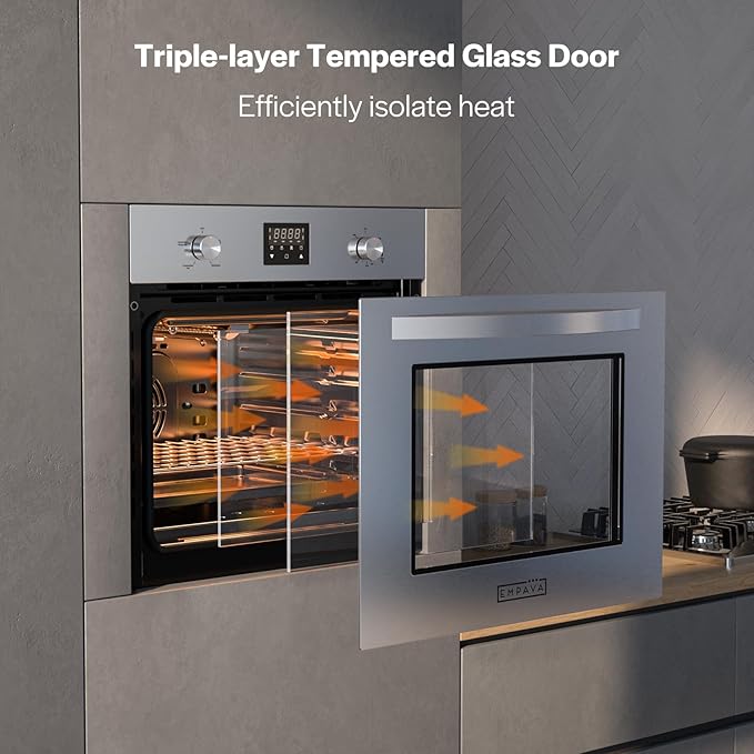 Empava Single Liquid Propane Gas Wall Oven 24 in. 2.3 cu. Ft. Bake Broil Rotisserie Functions with Mechanical Controls and Digital Timer and Convection Fan in Stainless Steel, Silver, 24inches