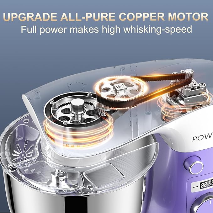 Stand Mixer, 6.5QT 10 Speeds Tilt-Head Electric Stand Mixer, 3-In-1 Kitchen Mixer with Bowl, Dough Hook, Whisk and Beater, Food Mixer for Baking and Daily Use (Purple White)