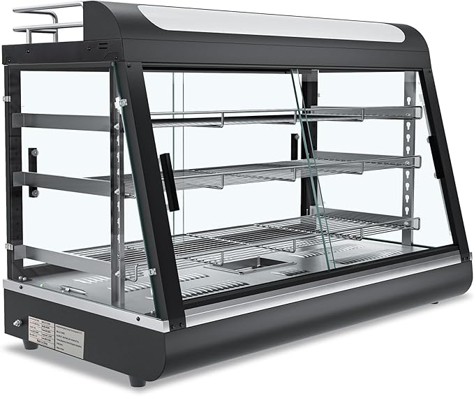 35inch 3-Tier Commercial Food Warmer with Top Rack for Milk Juice, Countertop Heat Holding Cabinet Display Case for Pizza/Pretzel, Three Color Lighting, w/Thermometer for Cafeteria Kitchen Restaurant