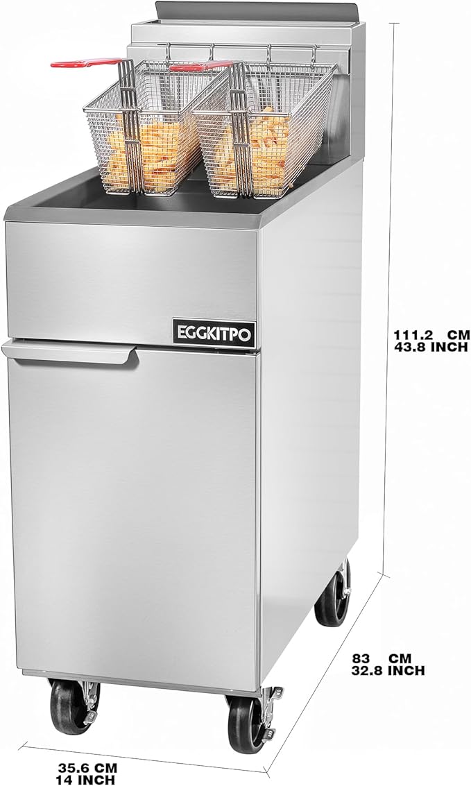 EGGKITPO Commercial Liquid Propane Gas Fryer 3 Burnner 90,000 BTU CSA Certified Commercial Deep Fryer with 40lb. Oil Capacity Stainless Steel Floor Fryer with 2 Baskets for Restaurant and Business Use