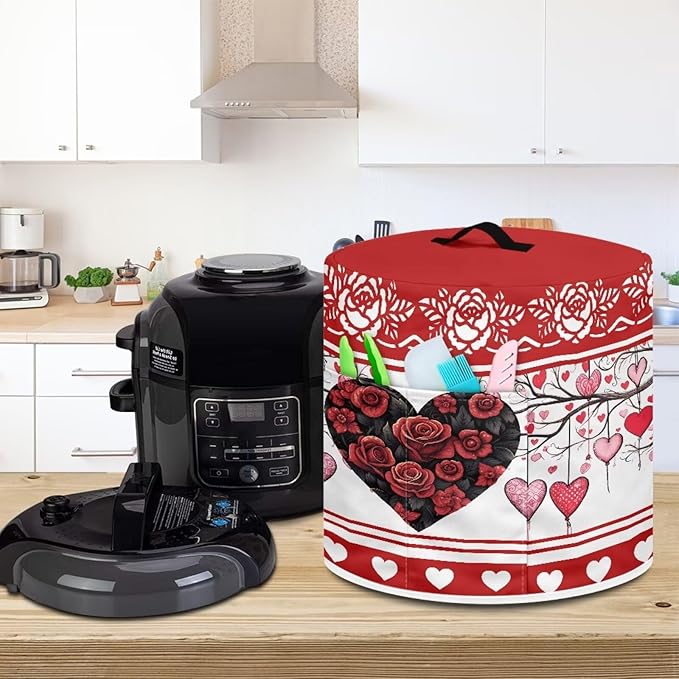TODIYADDU Red Rose Heart Dust Cover for Electric Pressure Cooker Valentines Air Fryer Cover Dust Cover with Storage Pocket and Handle Portable Instant Pots 3 Quart Pressure Cooker Cover Present
