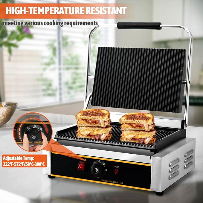 Commercial Panini Press Grill 2200W Countertop Electric Sandwich Maker with Adjustable Temp Control, Nonstick Coating, Grooved Plates Grill, for Burgers Steaks Panini