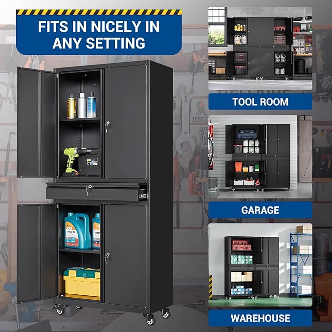 73" Metal Cabinet-Black Heavy Duty Rolling Storage Cabinet Steel Tool Cabinets with Wheels, Shelves, Lockable Doors and Drawers- for Garage, Pantry, Warehouse Home Office- Assembly Required
