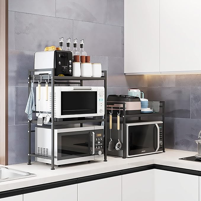 Microwave Storage Rack Microwave Oven Rack Kitchen Microwave Oven Rack Toaster Stand Kitchen Counter Shelf Expandable and Height Adjustable Steel Countertop Storage Shelf - Black/75Cm