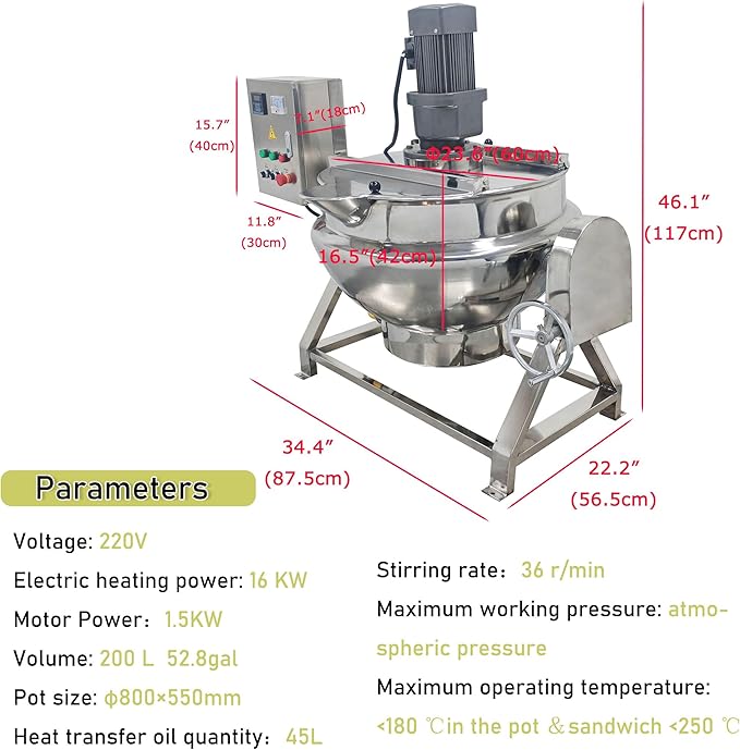 Jacketed Cooking Pot Electric Jacketed Kettle with Stirrer Commercial Stainless Steel Tiltable Jacketed Pot 200L 52.8Gallon Capacity for Soup Chili Sauce Beverage Jam Porridge 220V