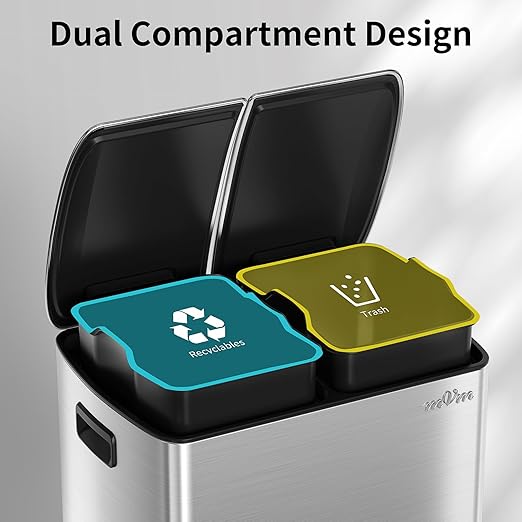 mVm Dual Trash Can, 16 Gal (2x8Gal) Kitchen Trash Can with Soft-Close Lid, Brushed Stainless Steel Recycling Bin for Home Office, Anti-Fingerprint (Silver)