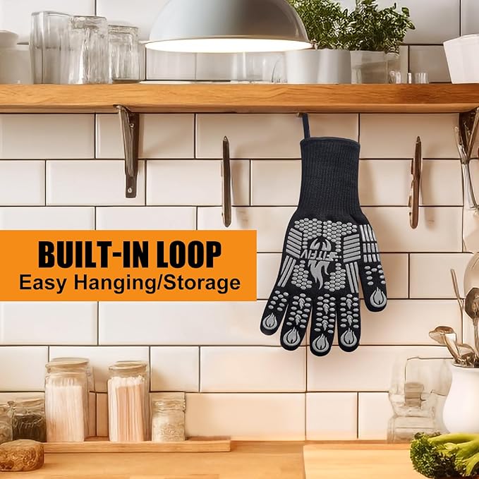 BBQ Gloves, Oven Gloves, 1472°F Extreme Heat Resistant Barbecue Gloves, Silicone Non-Slip Oven Mitts, Kitchen for Cooking, Grilling, and Baking (Gray)