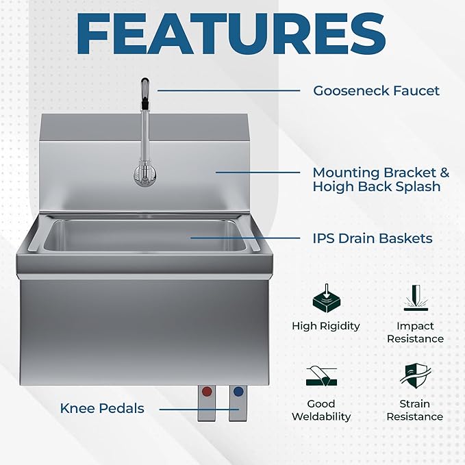 Stainless Steel Wall Mount Hand Sink with Gooseneck Faucet, Knee Pedals & Side Splash | 17" x 15" Commercial Basin for Kitchen or Janitorial Use, NSF (17" x 15" with Knee Pedals)