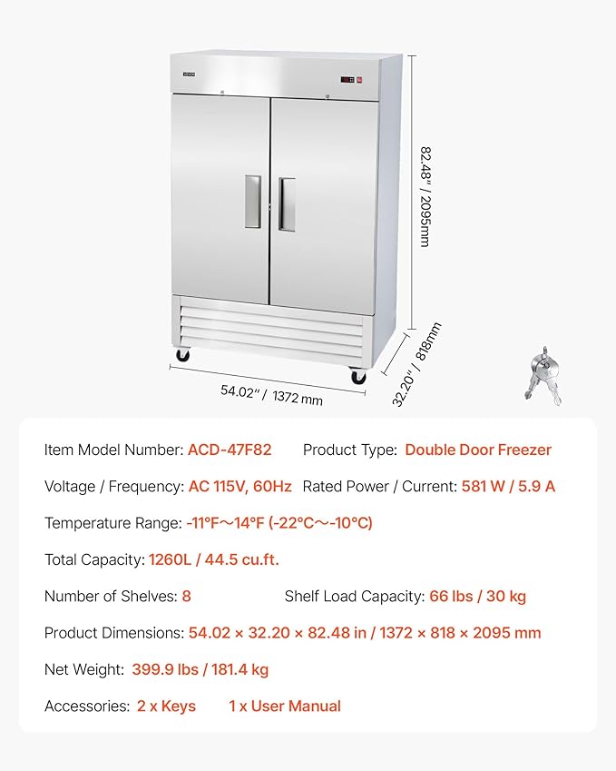 VEVOR Commercial Reach-In Freezer 54" W, 44 Cu.Ft Stainless Steel Upright Freezer with Double Doors, Auto-Defrost, 8 Adjustable Shelves, -11 to 14℉ Temp Control, ETL Certified
